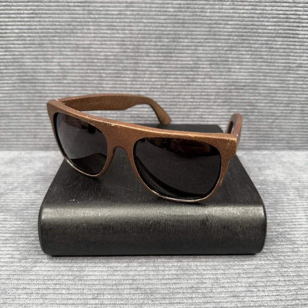 SUPER by RetroSuperFuture Flat Top Brown Leather Wrapped Sunglasses Italy